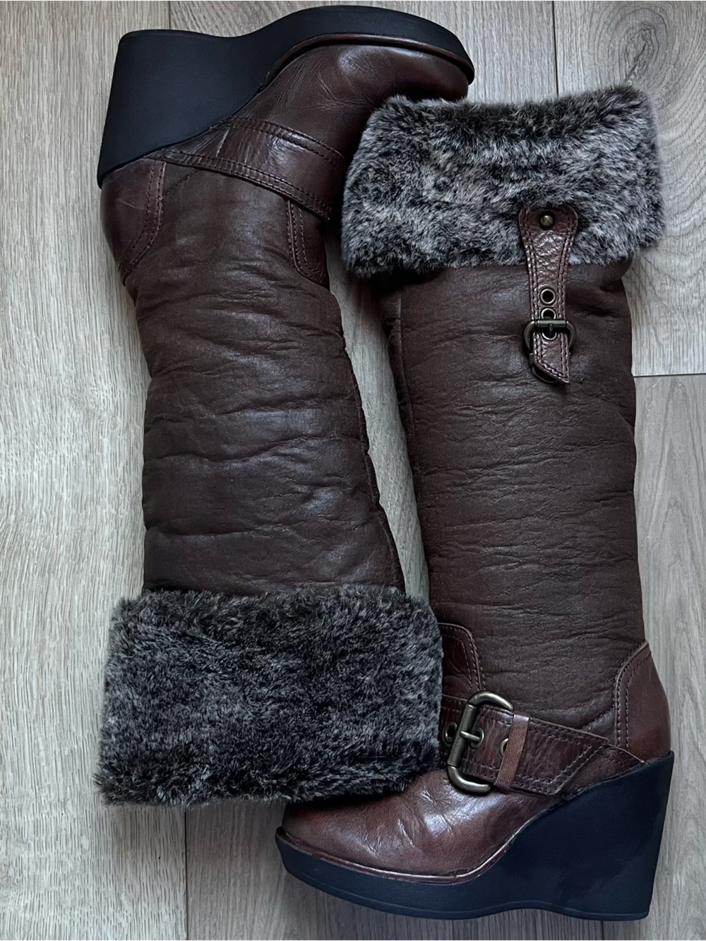 Aldo Brown Faux Fur Trim Wedge Winter Boots